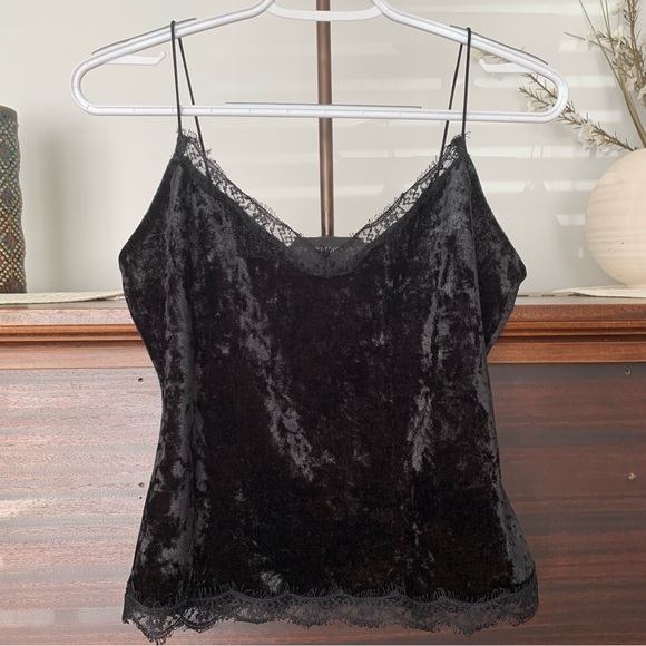 Guess Black Crushed Velvet & Lace Camisole Tank Top, Size Small - Picture 2 of 11